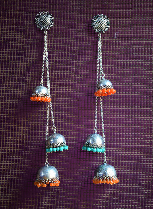 Multicolored German Silver Carved Kashmiri Latkan Jhumki - GlitterGleam