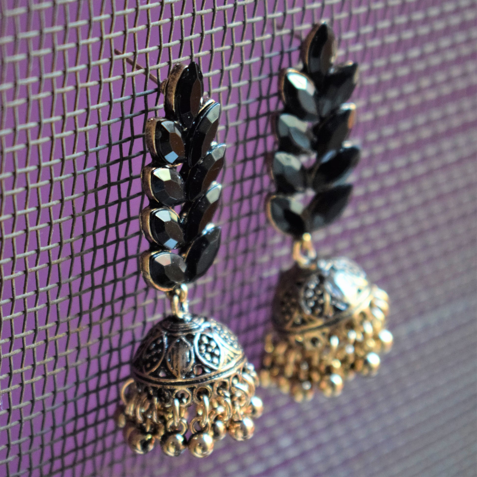 Antique Gold Gemstone Petal Jhumka Earring - GlitterGleam