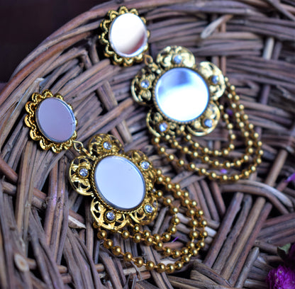 Golden Oxidised Mirror Flower Dangle Drop Earrings - GlitterGleam