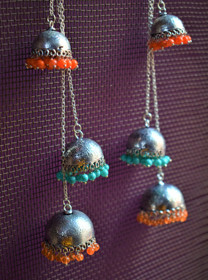 Multicolored German Silver Carved Kashmiri Latkan Jhumki - GlitterGleam