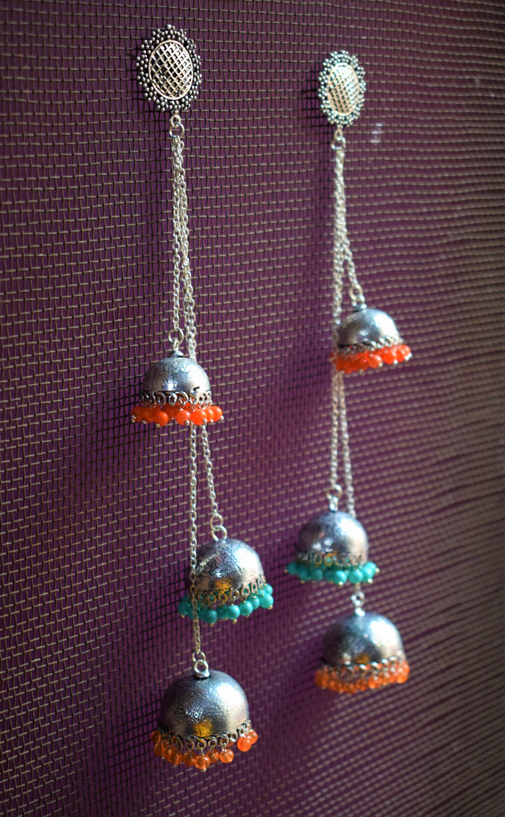 Multicolored German Silver Carved Kashmiri Latkan Jhumki - GlitterGleam