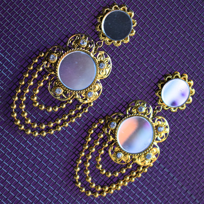Golden Oxidised Mirror Flower Dangle Drop Earrings - GlitterGleam