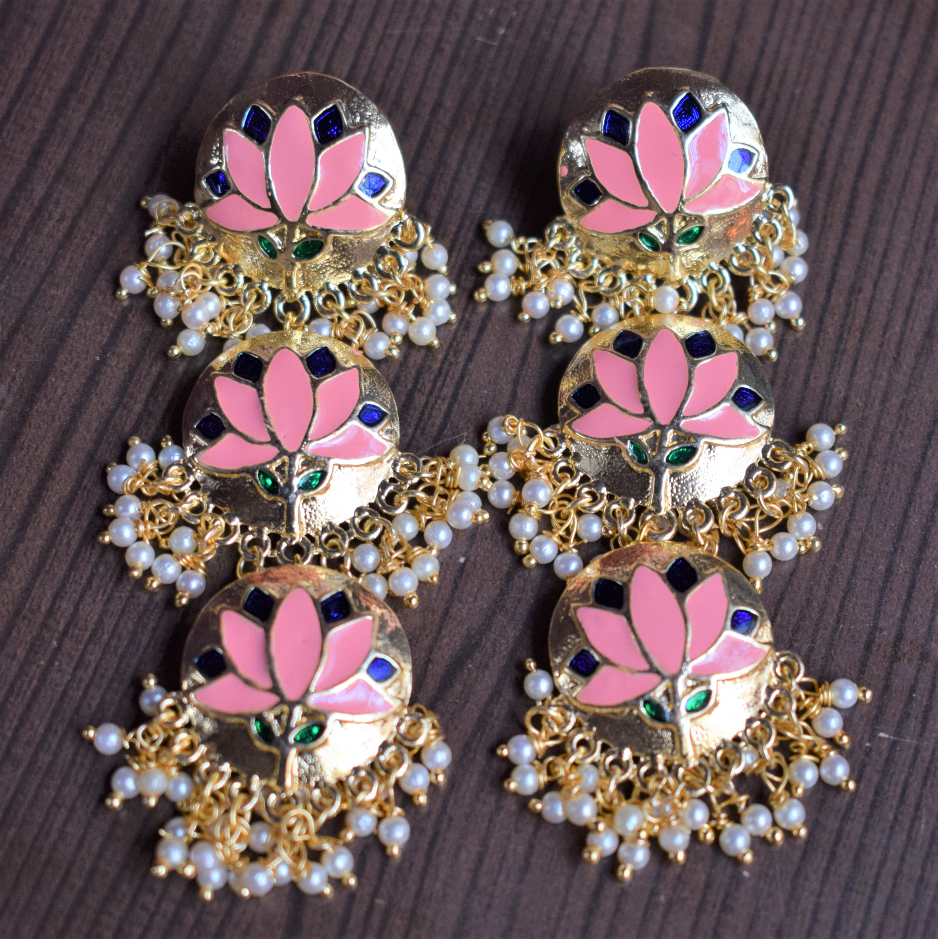 Buy Shoshaa Pink White Gold Toned Lotus Meenakari Earrings Online