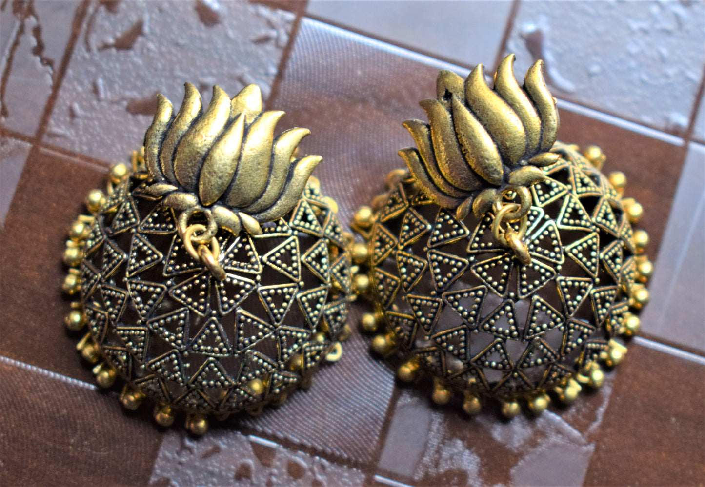 Large Golden Oxidised Lotus Jhumka - GlitterGleam