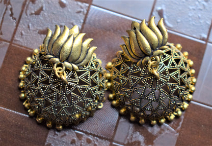 Large Golden Oxidised Lotus Jhumka - GlitterGleam