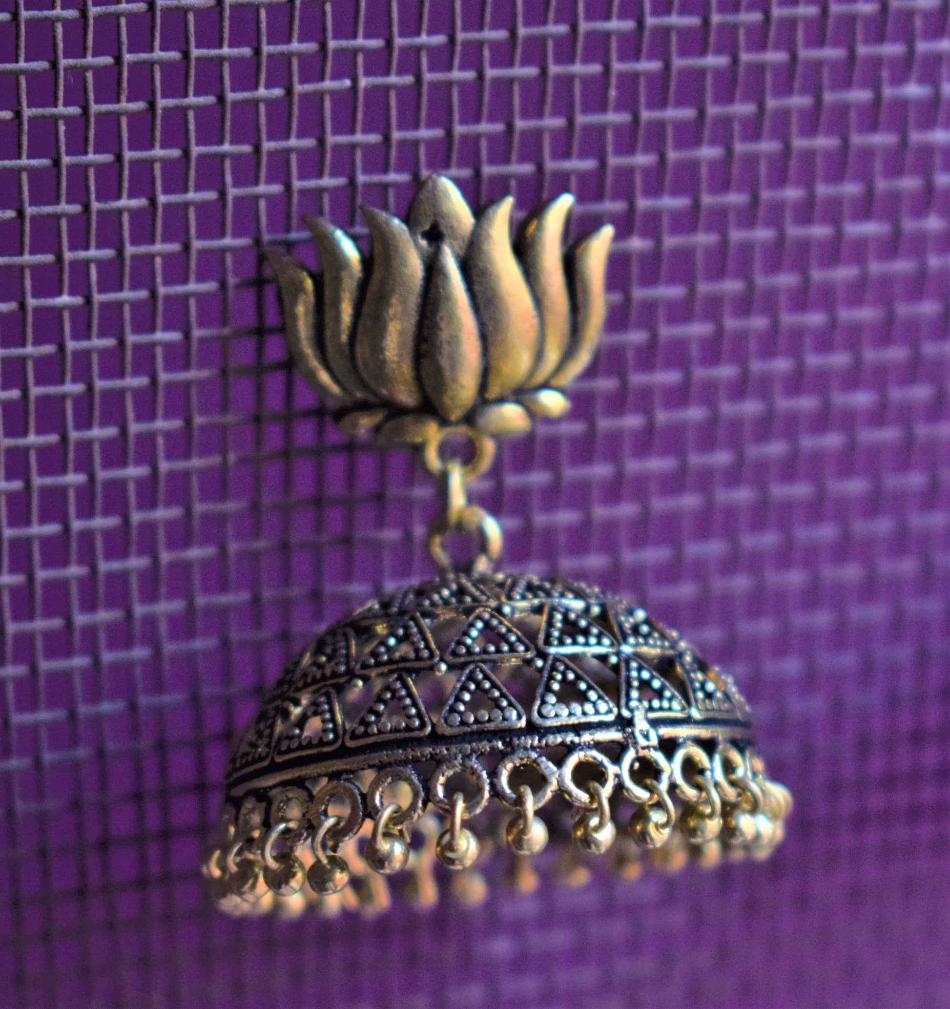 Large Golden Oxidised Lotus Jhumka - GlitterGleam