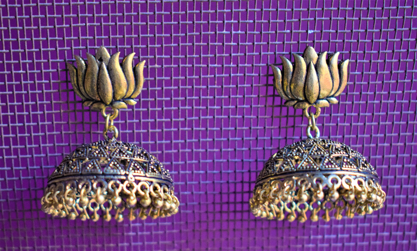 Large Golden Oxidised Lotus Jhumka - GlitterGleam