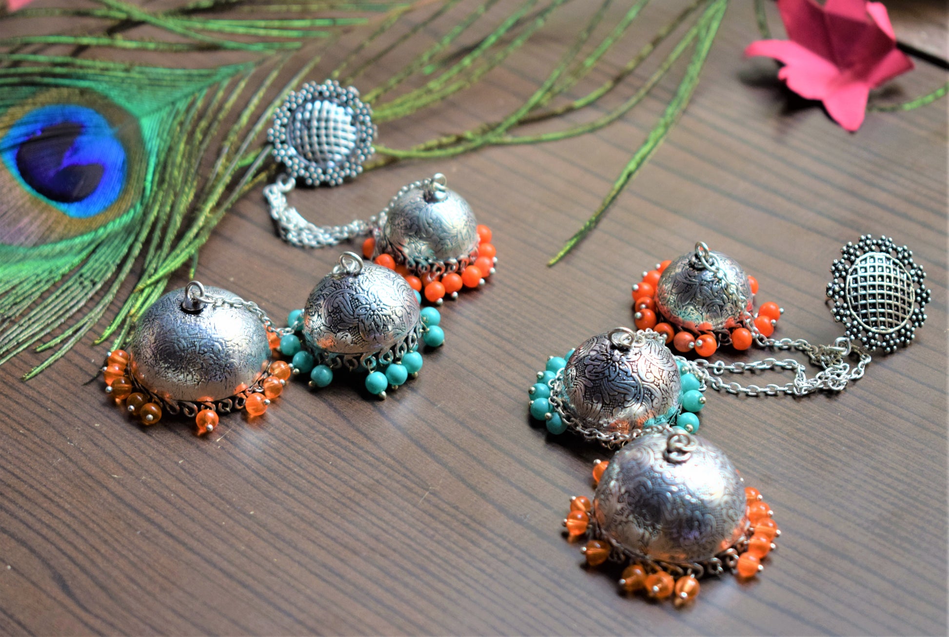 Multicolored German Silver Carved Kashmiri Latkan Jhumki - GlitterGleam