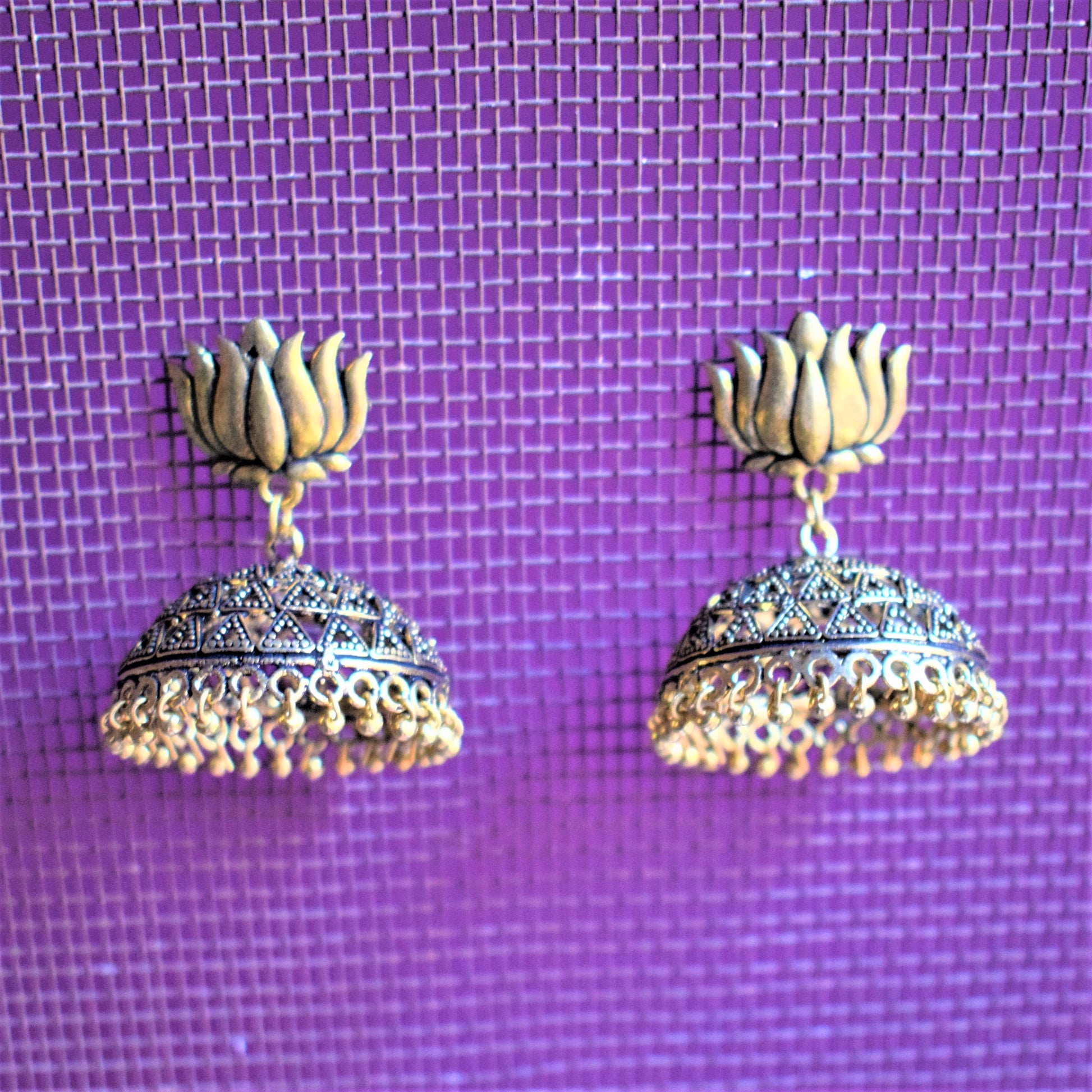 Large Golden Oxidised Lotus Jhumka - GlitterGleam