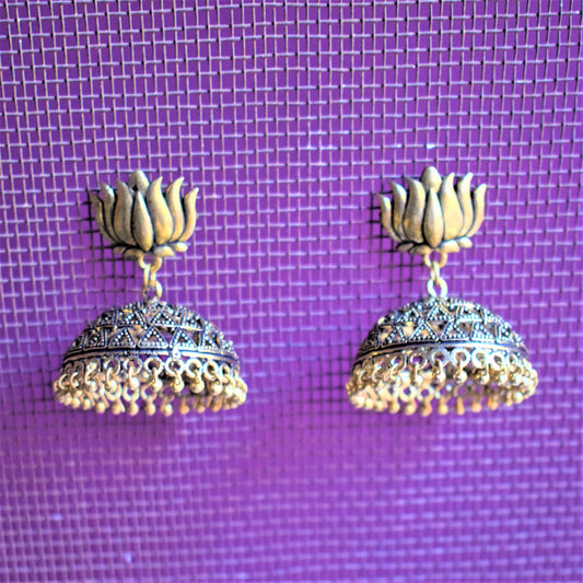 Large Golden Oxidised Lotus Jhumka - GlitterGleam