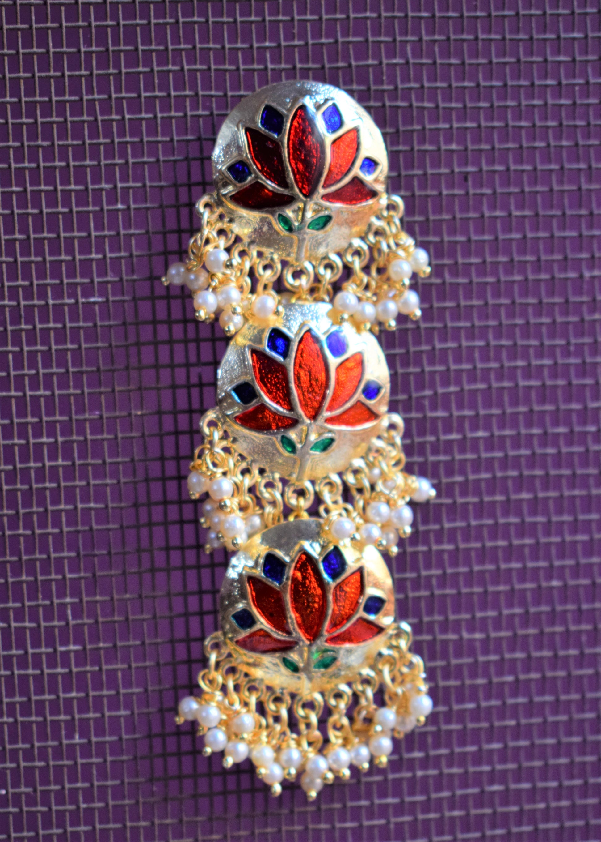 Meenakari and Pearl Layered Lotus Earrings - GlitterGleam