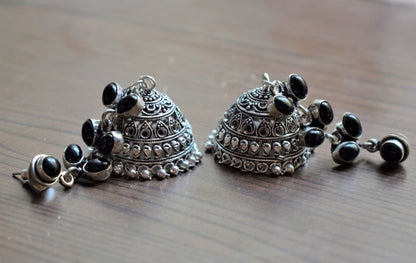 Silver Oxidised Gemstone Latkan Jhumka - GlitterGleam