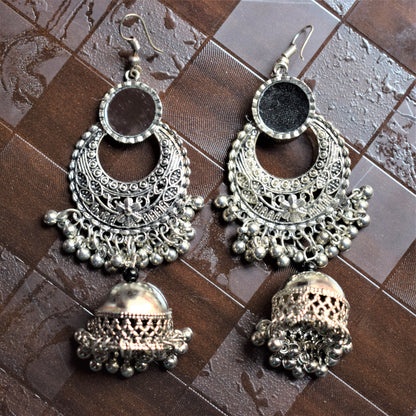 Silver Oxidised Mirror Chandbali with Jhumka - GlitterGleam