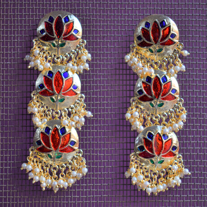 Meenakari and Pearl Layered Lotus Earrings - GlitterGleam