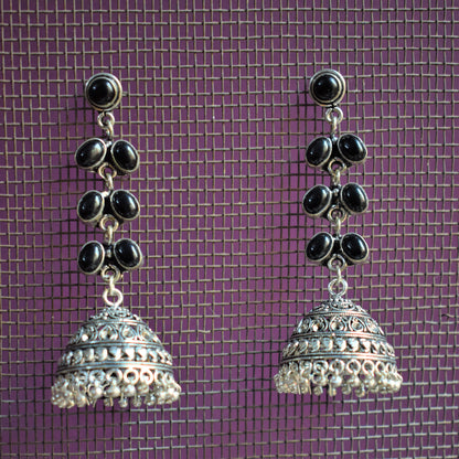 Silver Oxidised Gemstone Latkan Jhumka - GlitterGleam