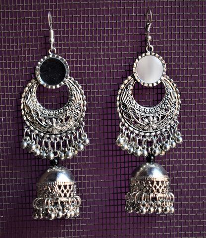 Silver Oxidised Mirror Chandbali with Jhumka - GlitterGleam