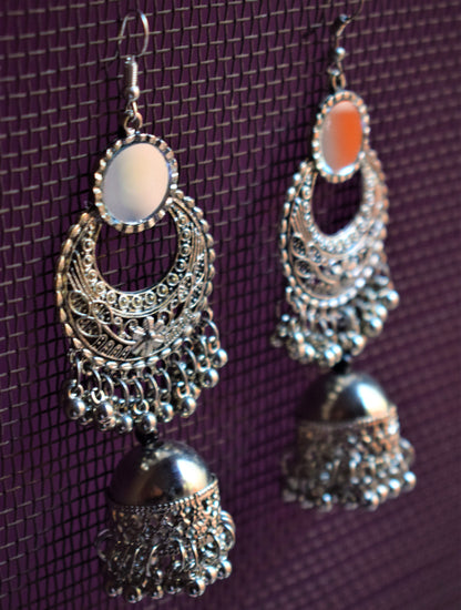 Silver Oxidised Mirror Chandbali with Jhumka - GlitterGleam