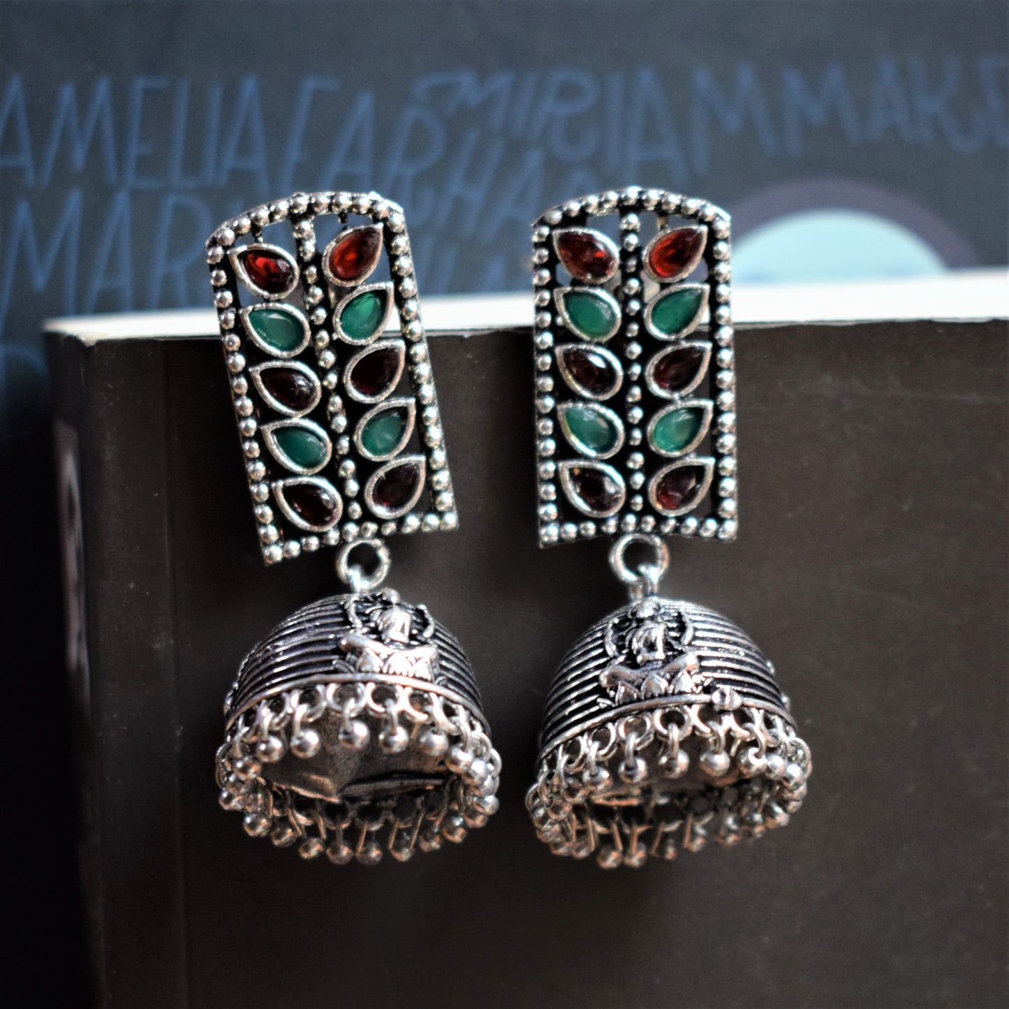 Designer German Silver Lakshmi Jhumka Gemstone Earrings - GlitterGleam