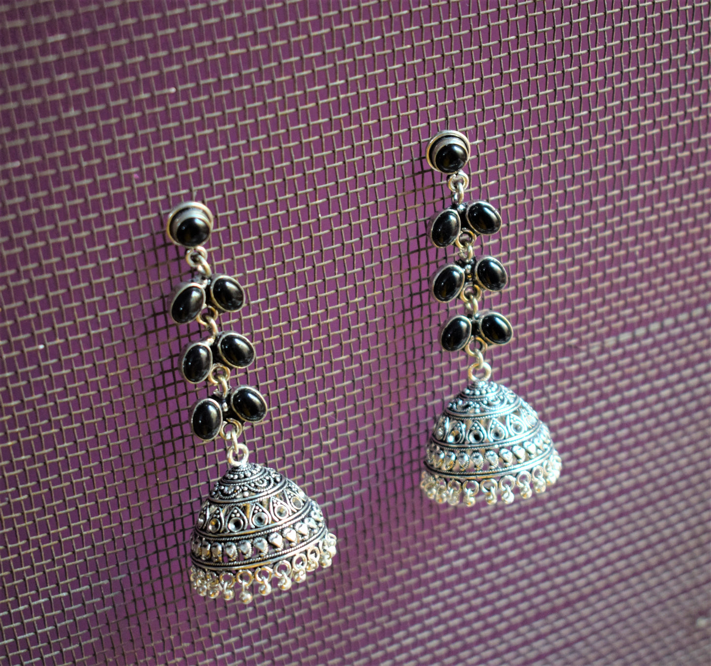 Silver Oxidised Gemstone Latkan Jhumka - GlitterGleam