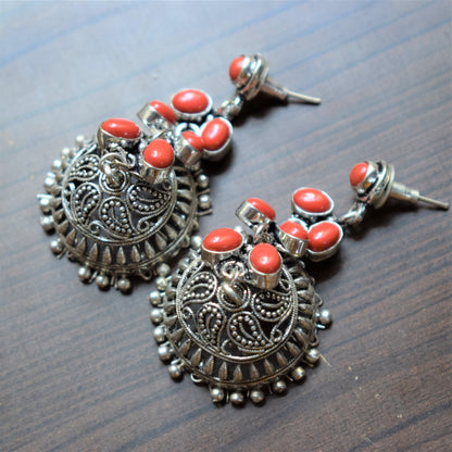 Silver Oxidised Gemstone Latkan Jhumka - GlitterGleam