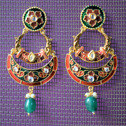 Meenakari and Kundan Carved Chandbali - GlitterGleam