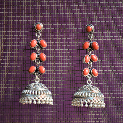 Silver Oxidised Gemstone Latkan Jhumka - GlitterGleam