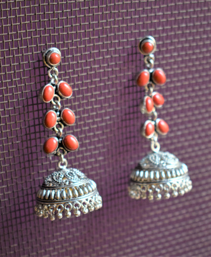 Silver Oxidised Gemstone Latkan Jhumka - GlitterGleam