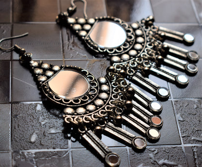 German Silver Oxidised Mirror Tassel Danglers - GlitterGleam