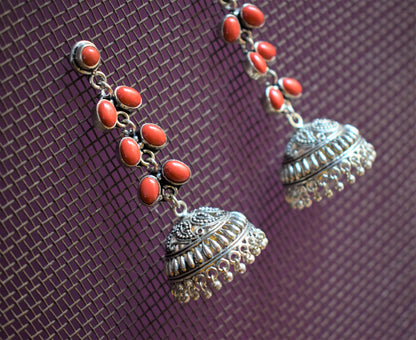 Silver Oxidised Gemstone Latkan Jhumka - GlitterGleam