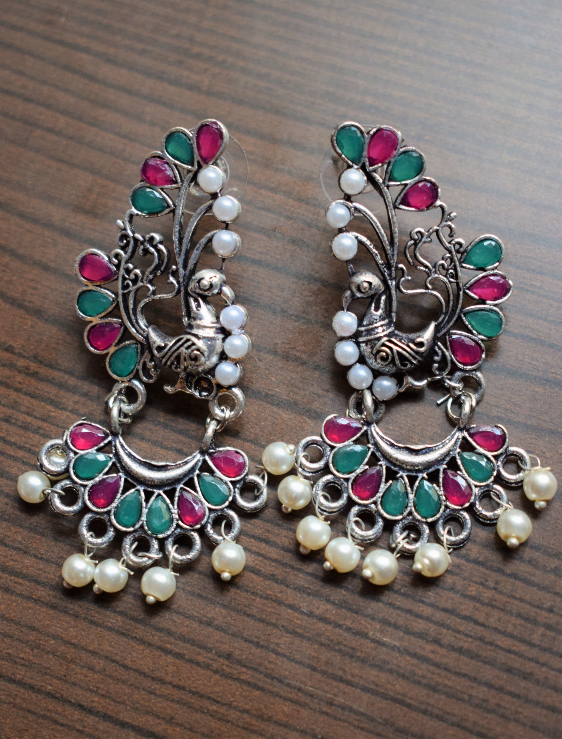 Gemstone and Pearl Silver Chandbalis - GlitterGleam