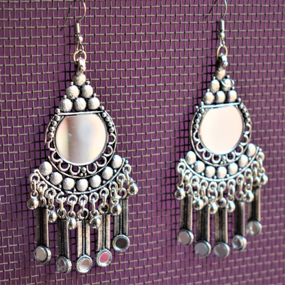 German Silver Oxidised Mirror Tassel Danglers - GlitterGleam
