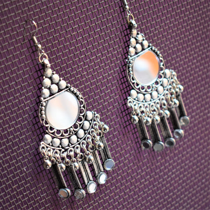 German Silver Oxidised Mirror Tassel Danglers - GlitterGleam