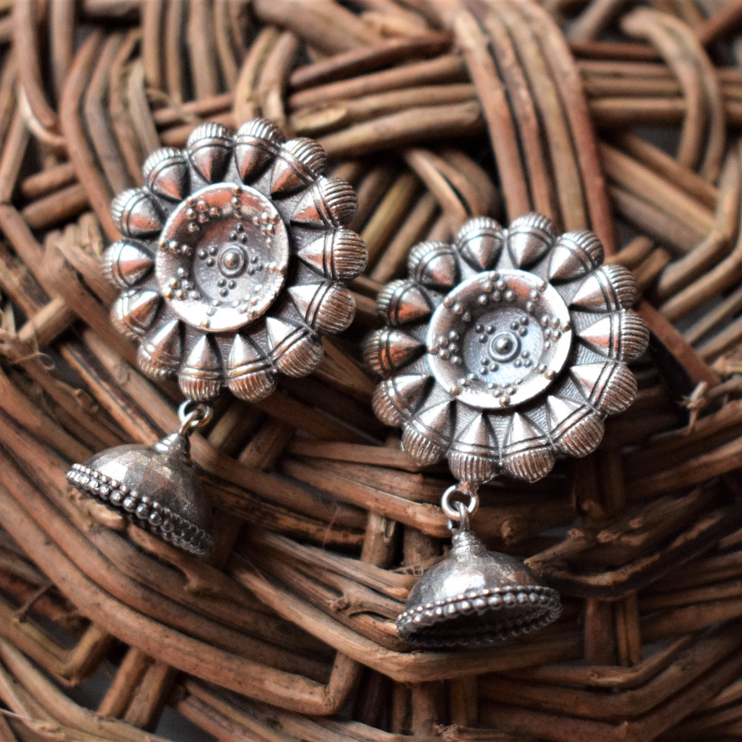 Designer Traditional German Silver Floral Earrings with Jhumki - GlitterGleam