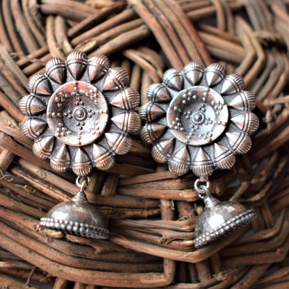 Designer Traditional German Silver Floral Earrings with Jhumki - GlitterGleam