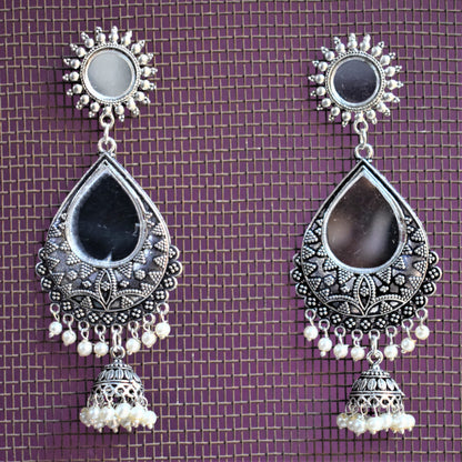 Mirror Dew Drop Chakra Jhumki Earrings - GlitterGleam