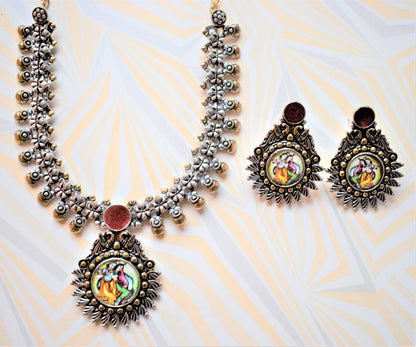 German Silver Afghani Framed Art Picture Necklace with Earrings - GlitterGleam