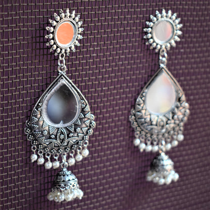 Mirror Dew Drop Chakra Jhumki Earrings - GlitterGleam