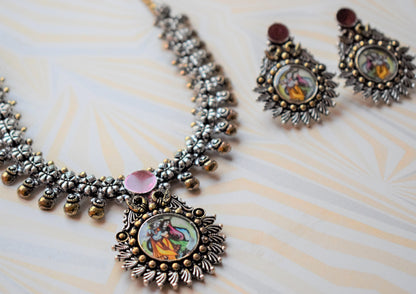 German Silver Afghani Framed Art Picture Necklace with Earrings - GlitterGleam
