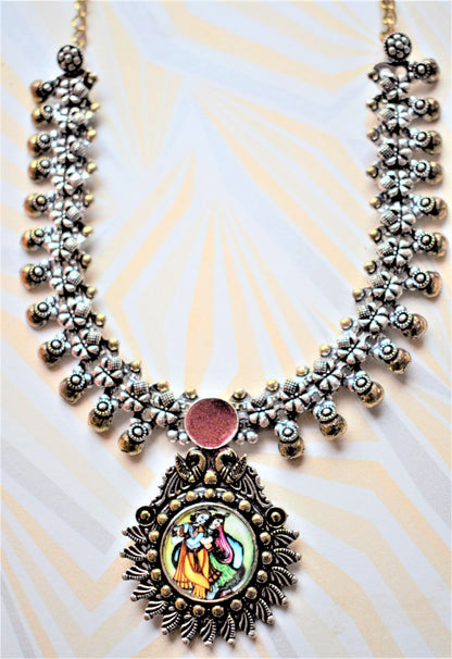 German Silver Afghani Framed Art Picture Necklace with Earrings - GlitterGleam