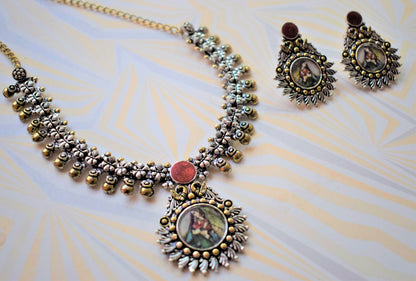 German Silver Afghani Framed Art Picture Necklace with Earrings - GlitterGleam