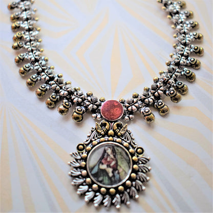 German Silver Afghani Framed Art Picture Necklace with Earrings - GlitterGleam