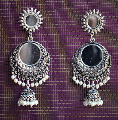 Mirror Chandbali Chakra Jhumki Earrings - GlitterGleam