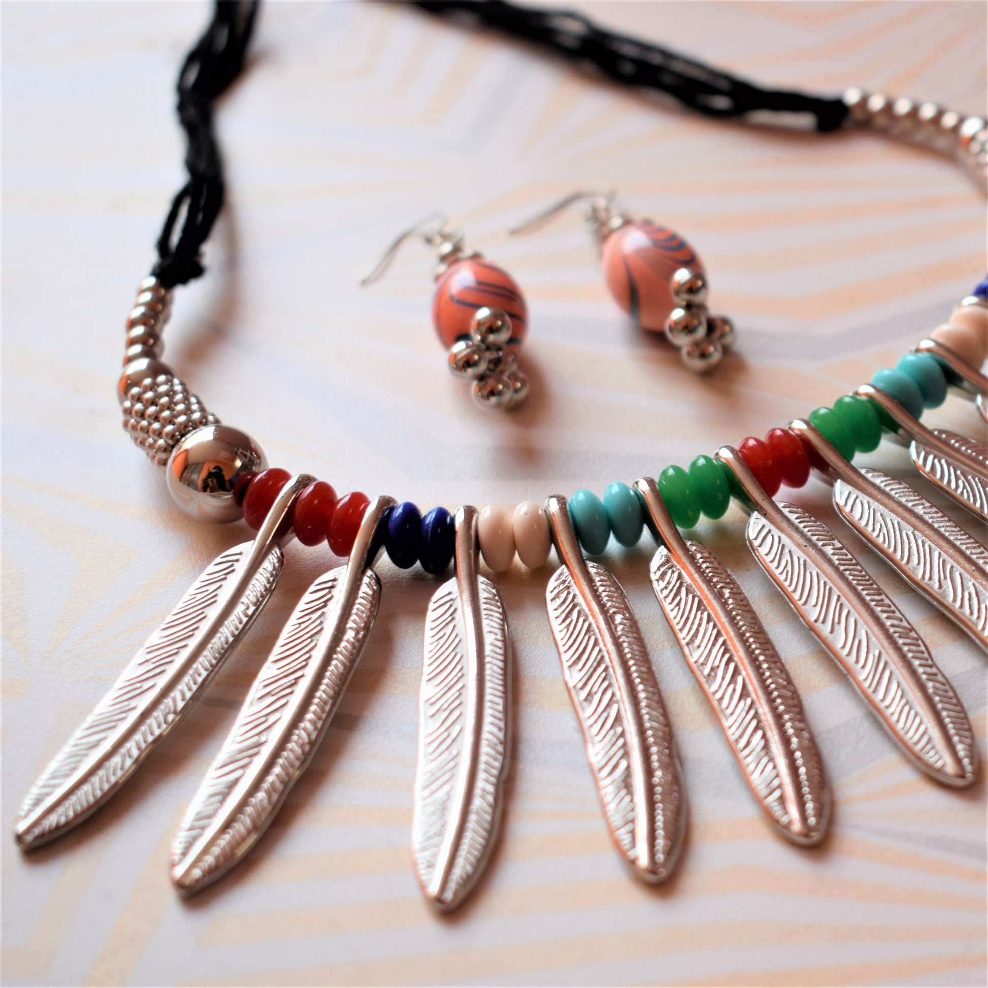 Silver Feather Choker Necklace with Earrings - GlitterGleam
