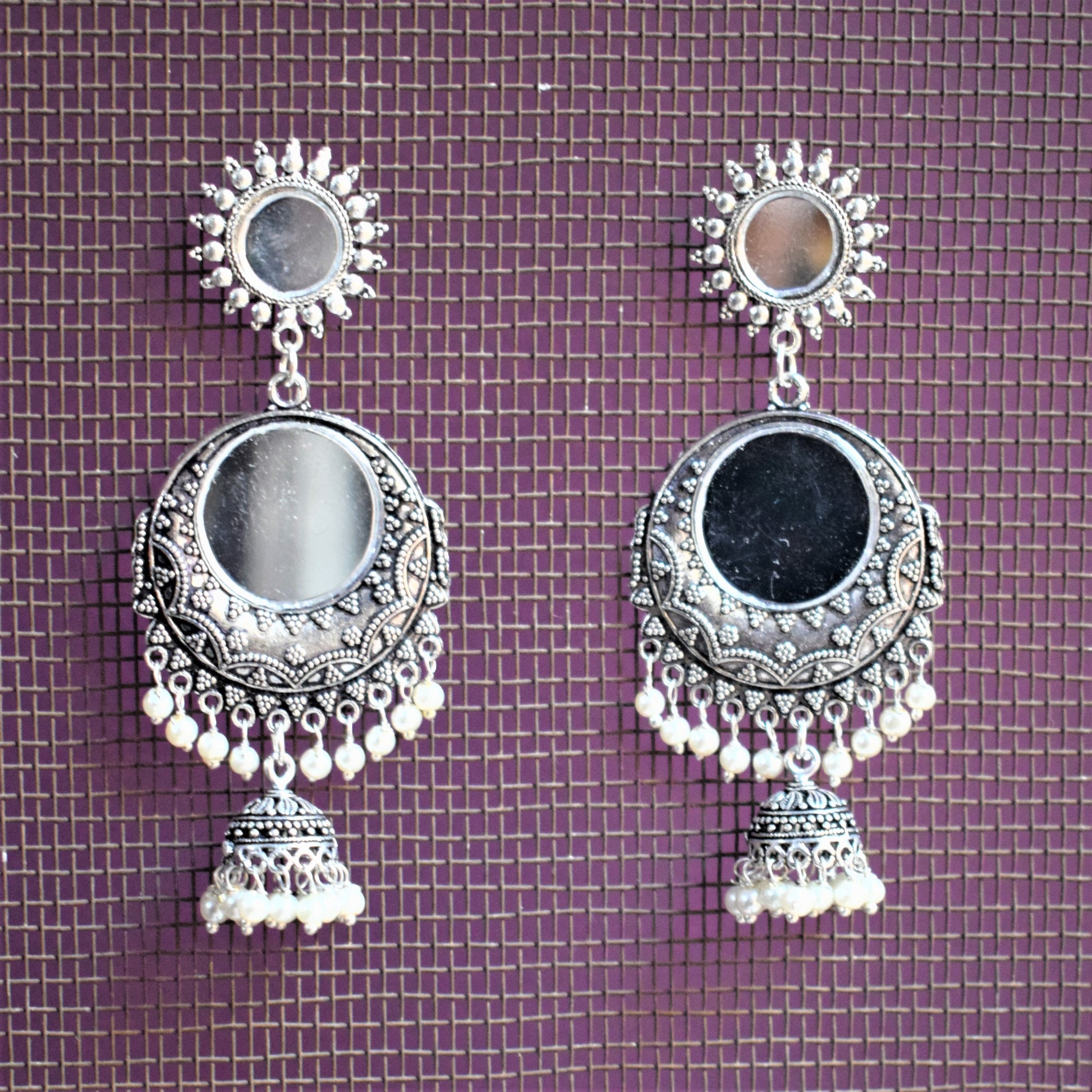 Mirror Chandbali Chakra Jhumki Earrings - GlitterGleam