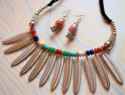 Silver Feather Choker Necklace with Earrings - GlitterGleam