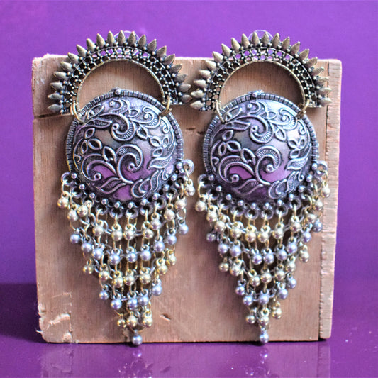 Designer Dual Tone Half Chakra Carved Earrings With Tassel - GlitterGleam
