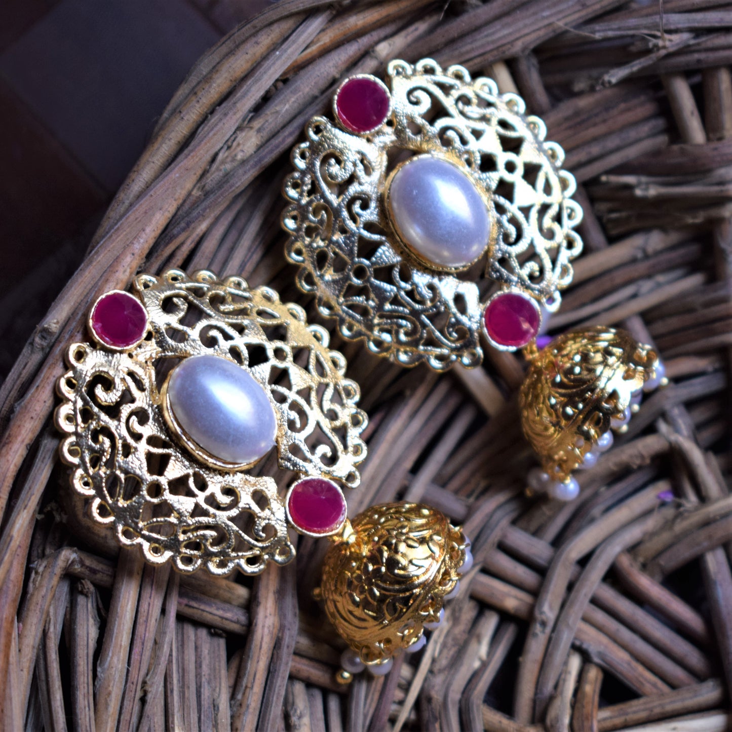 Traditional Antique Matt Gold Pearl Earrings - GlitterGleam