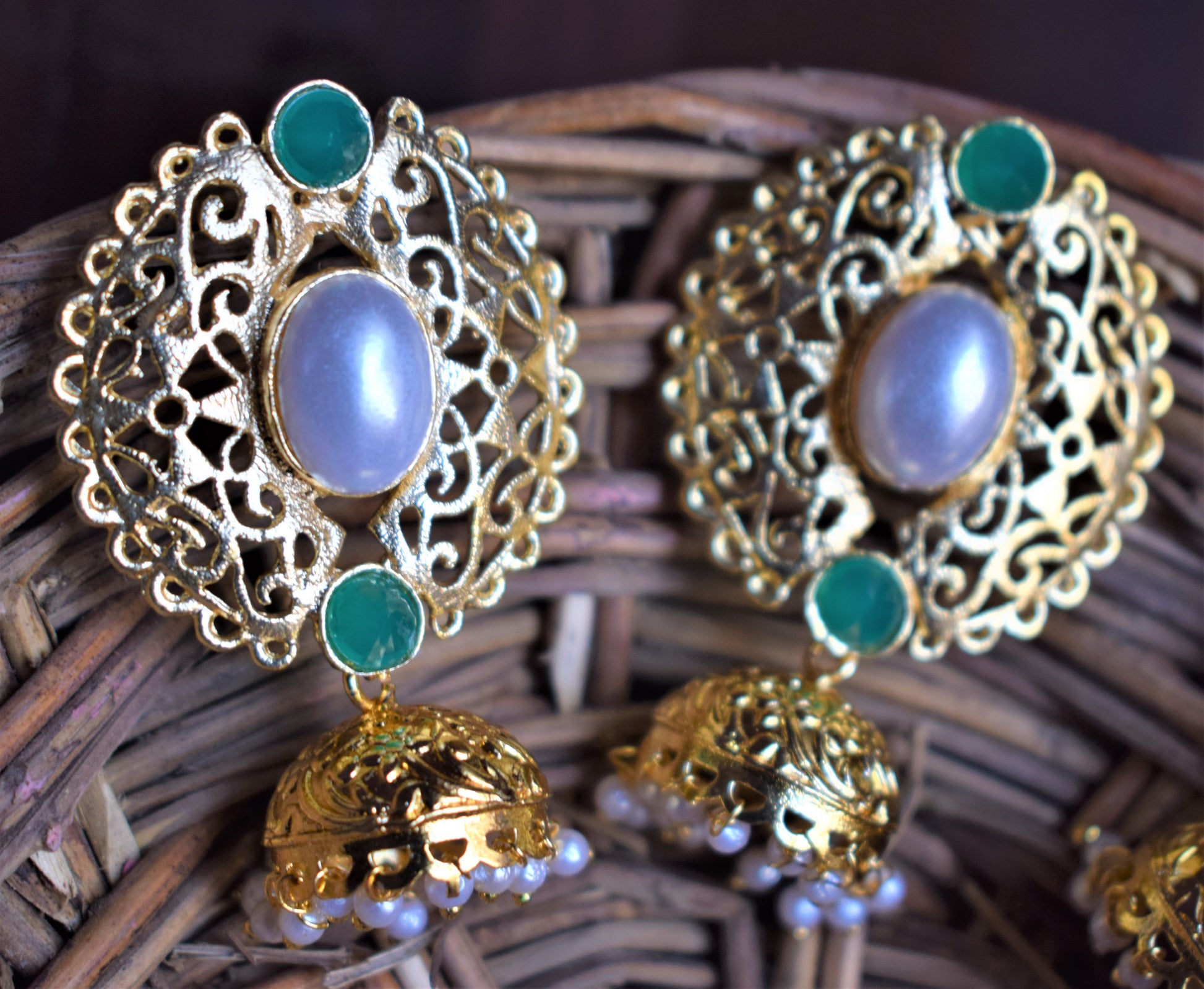Traditional Antique Matt Gold Pearl Earrings - GlitterGleam