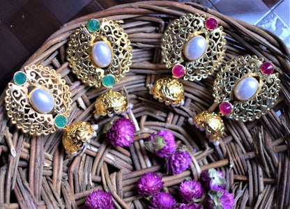 Traditional Antique Matt Gold Pearl Earrings - GlitterGleam