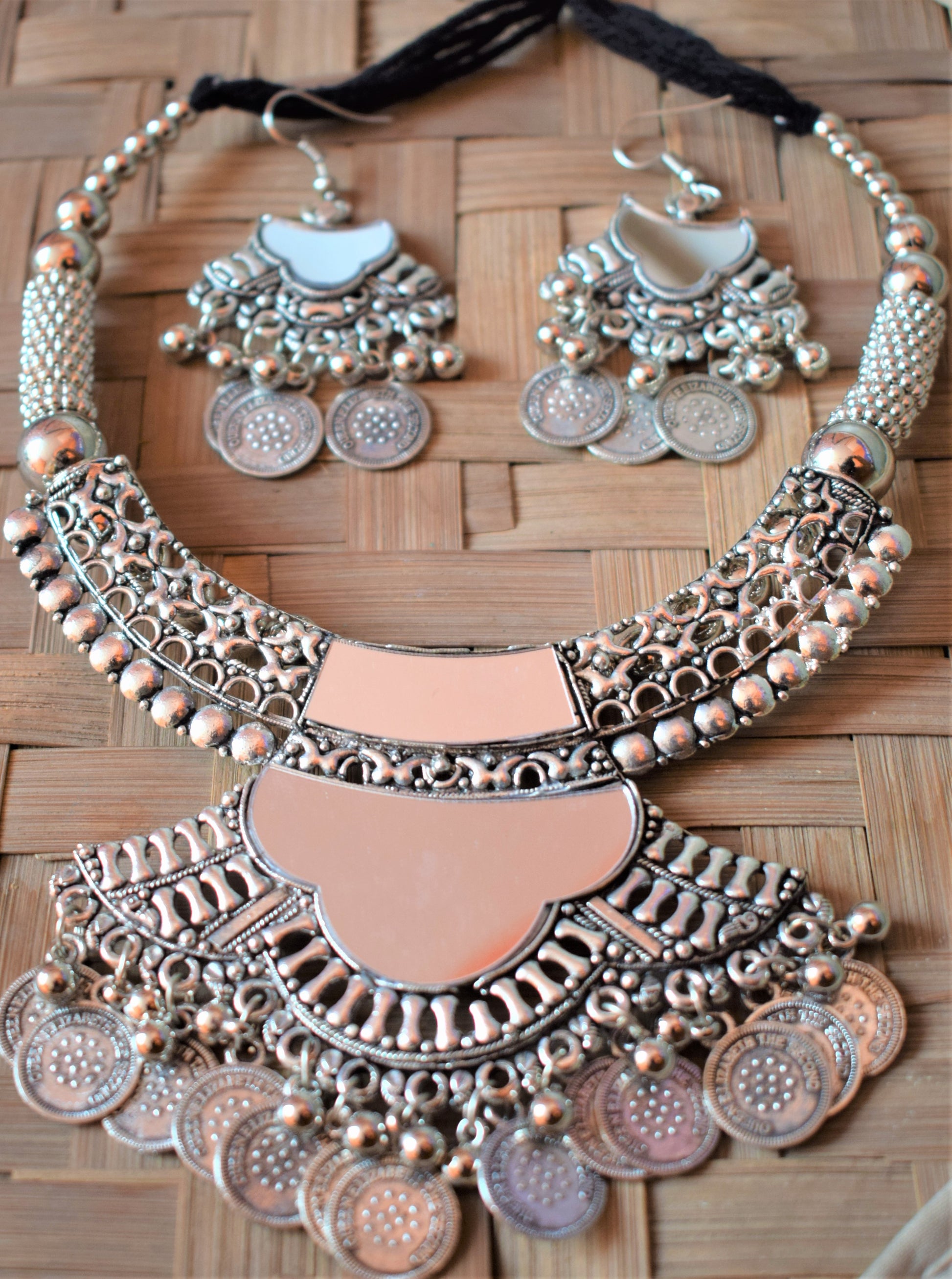Silver Oxidised Mirror and Coin Choker Necklace with Earrings - GlitterGleam